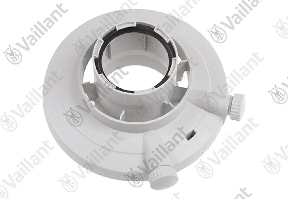 Vaillant Adapter mit runder Form und seitlichem Anschluss, gefertigt aus Kunststoff, geeignet für die Verbindung in Heizungsanlagen.